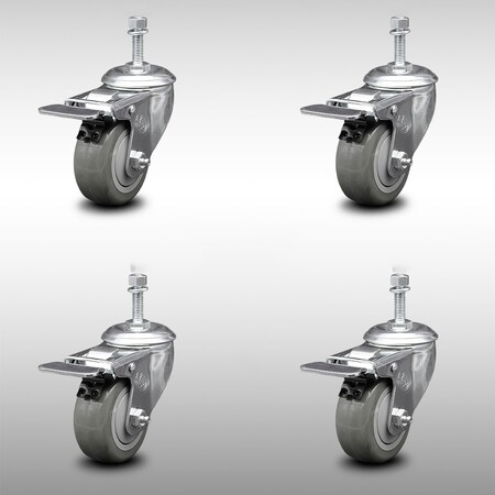 Service Caster 3 Inch SS Gray Polyurethane 10mm Threaded Stem Caster Set Total Lock Brake SCC-SSTSTTL20S314-PPUB-M1015-4